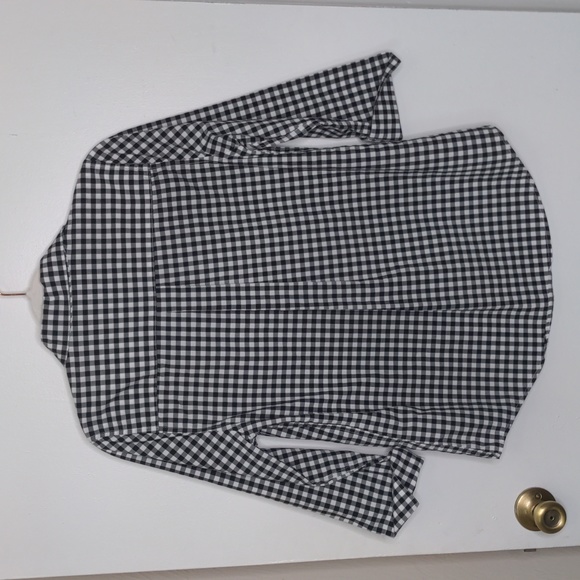 Gingham black & white plaid 3/4 sleeve checkered button up blouse size small - Picture 8 of 10